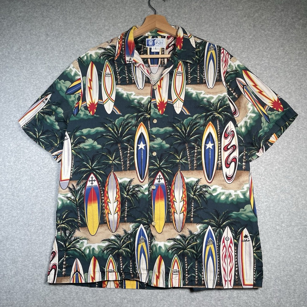 VTG RJC Hawaiian Shirt L Surfboards Aloha Beach Print Made in Hawaii‎ Cotton
